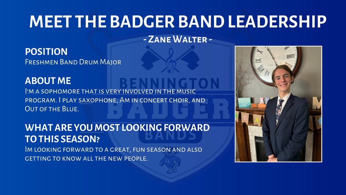 badgerbands's tweet photo. Meet the Badger Band Leadership Team!
We will continue to feature members on the leadership team each day as we approach our exhibition performance at the end of band camp.
Today we also feature our very own Zane Walter!
@WeRBennington #WeAreBPS https://t.co/N6C6YM4iRC