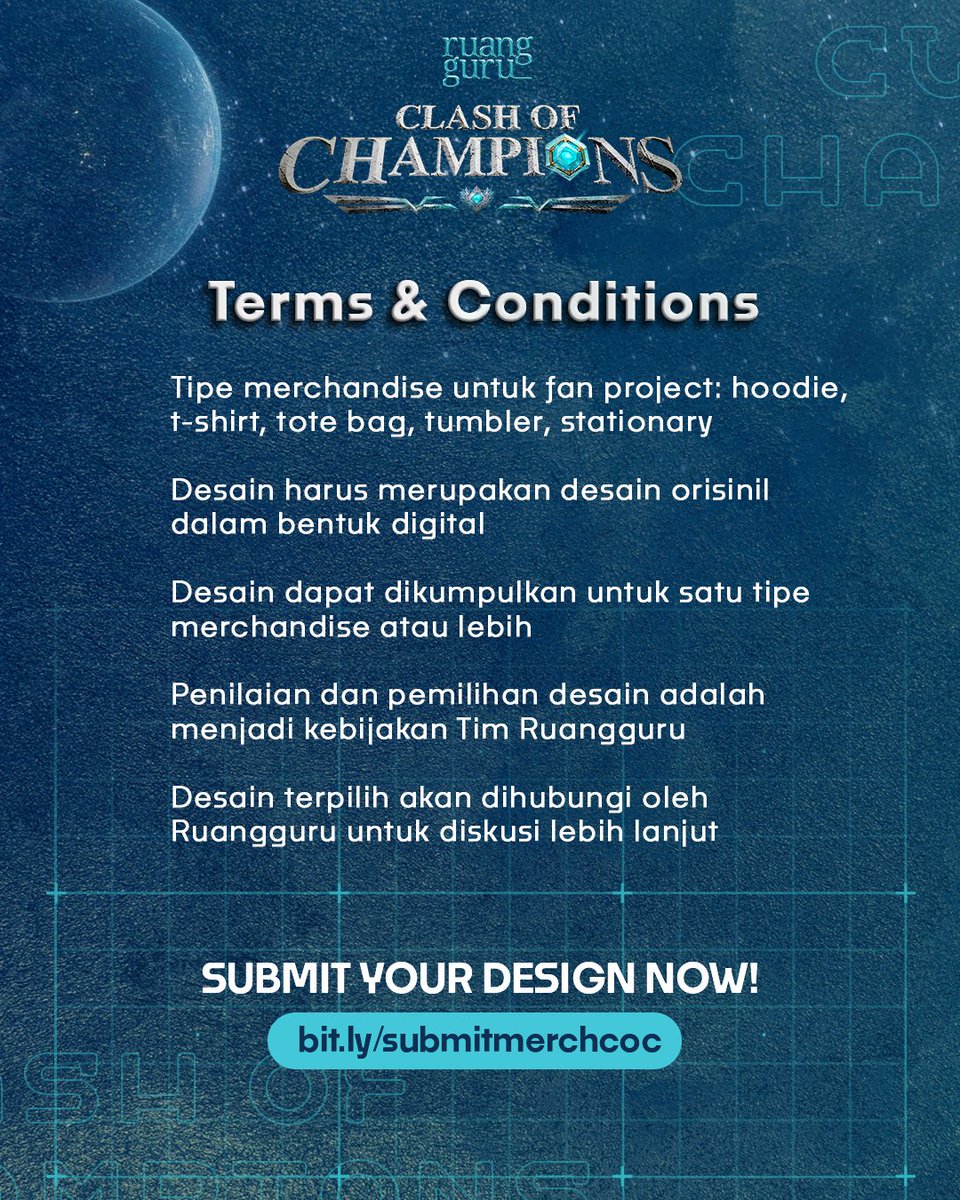 ruangguru's tweet photo. ✨FAN PROJECT: DESIGN CHALLENGE ✨

Siapa nih yang dari kemaren kirimin fan art ke Etmin dan Champions?

Yuk nyatakan kreatifitas kamu di Clash of Champions Fan Project, kali ini untuk mendesain official merchandise 🔥

Kamu bisa membuat desain orisinil kamu untuk kaos, hoodie, totebag, tumbler dan stationary, sehingga karya kamu berkesempatan menjadi official merchandise Clash of Champions!!!

Submit sekarang yuk di https://t.co/eFMs7nOJwW 📝

Psstt, pemenang akan ditentukan first come first served ya. Jadi cus segera buat design terbaikmu dan langsung kumpulkan ke dalam form~ 

Goodluck yaa! 😍

Syarat dan ketentuan di gambar ke-2 yah!