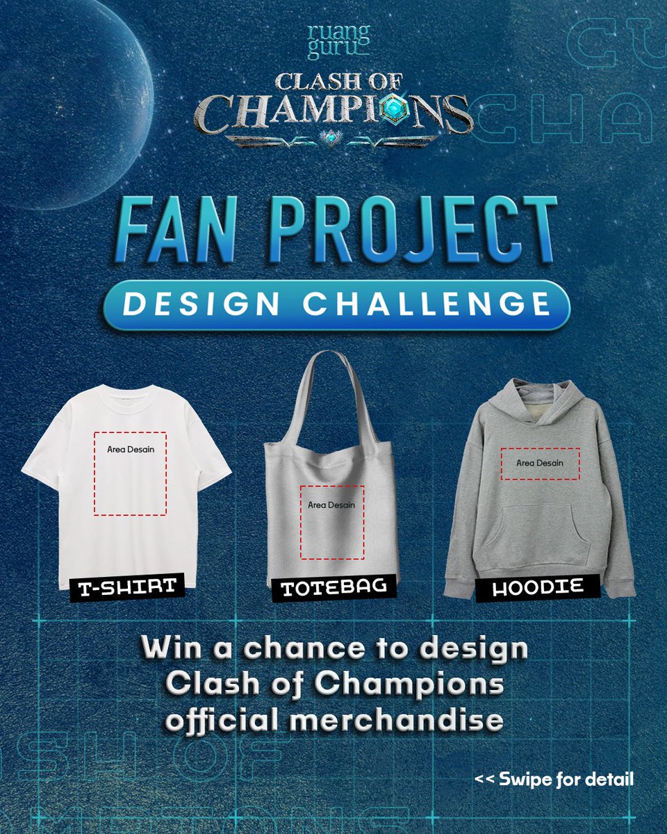 ruangguru's tweet photo. ✨FAN PROJECT: DESIGN CHALLENGE ✨

Siapa nih yang dari kemaren kirimin fan art ke Etmin dan Champions?

Yuk nyatakan kreatifitas kamu di Clash of Champions Fan Project, kali ini untuk mendesain official merchandise 🔥

Kamu bisa membuat desain orisinil kamu untuk kaos, hoodie, totebag, tumbler dan stationary, sehingga karya kamu berkesempatan menjadi official merchandise Clash of Champions!!!

Submit sekarang yuk di https://t.co/eFMs7nOJwW 📝

Psstt, pemenang akan ditentukan first come first served ya. Jadi cus segera buat design terbaikmu dan langsung kumpulkan ke dalam form~ 

Goodluck yaa! 😍

Syarat dan ketentuan di gambar ke-2 yah!