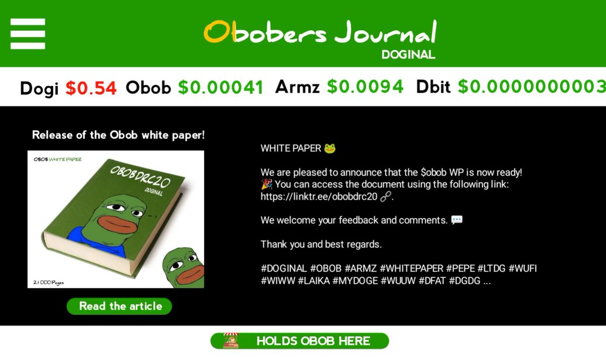Obobdrc20's tweet photo. WHITE PAPER 🐸

We are pleased to announce that the $obob WP is now ready! 🎉 You can access the document using the following link: https://t.co/5viR8gyRM1 🔗.

We welcome your feedback and comments. 💬

Thank you and best regards.

#DOGINAL #OBOB #ARMZ #WHITEPAPER #PEPE #LTDG #WUFI #WIWW #LAIKA #MYDOGE #WUUW #DFAT #DGDG ...