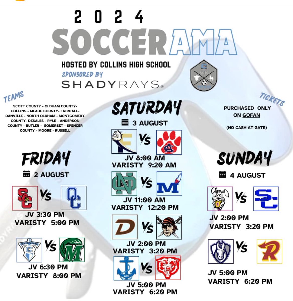 Kicking off Boys Soccer this weekend! SOCCERAMA 2024. Friday night 08/02 to see the Titans in action at 6:30pm and 8pm &amp; Saturday 08/03 to snag a pair of <a href="/shadyrays/">Shady Rays</a> sunglasses at their tent! Thanks for supporting <a href="/MLCHSBoysSoccer/">MLCHS Boys Soccer</a>  <a href="/SCPS_Activities/">SCPS_Activities</a>