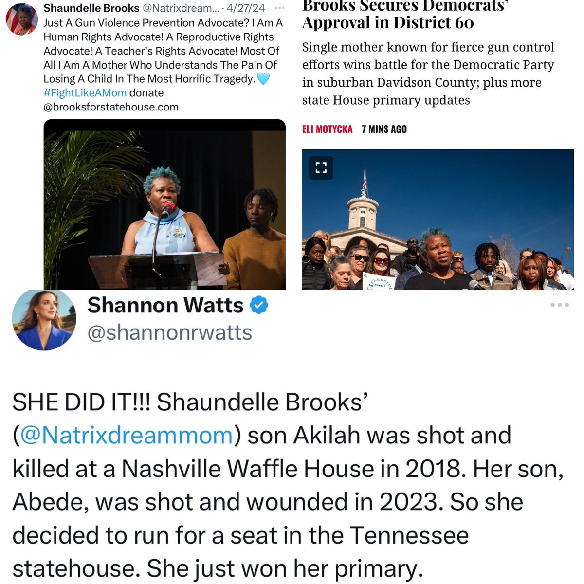 Again: <a href="/Natrixdreammom/">Rep. Shaundelle Brooks</a> Shaundelle Brooks lost her son in the Waffle House shooting. 

After being a tireless advocate at the Capitol, in Nashville tonight she took one big step closer to becoming a legislator to help change the guns laws herself.