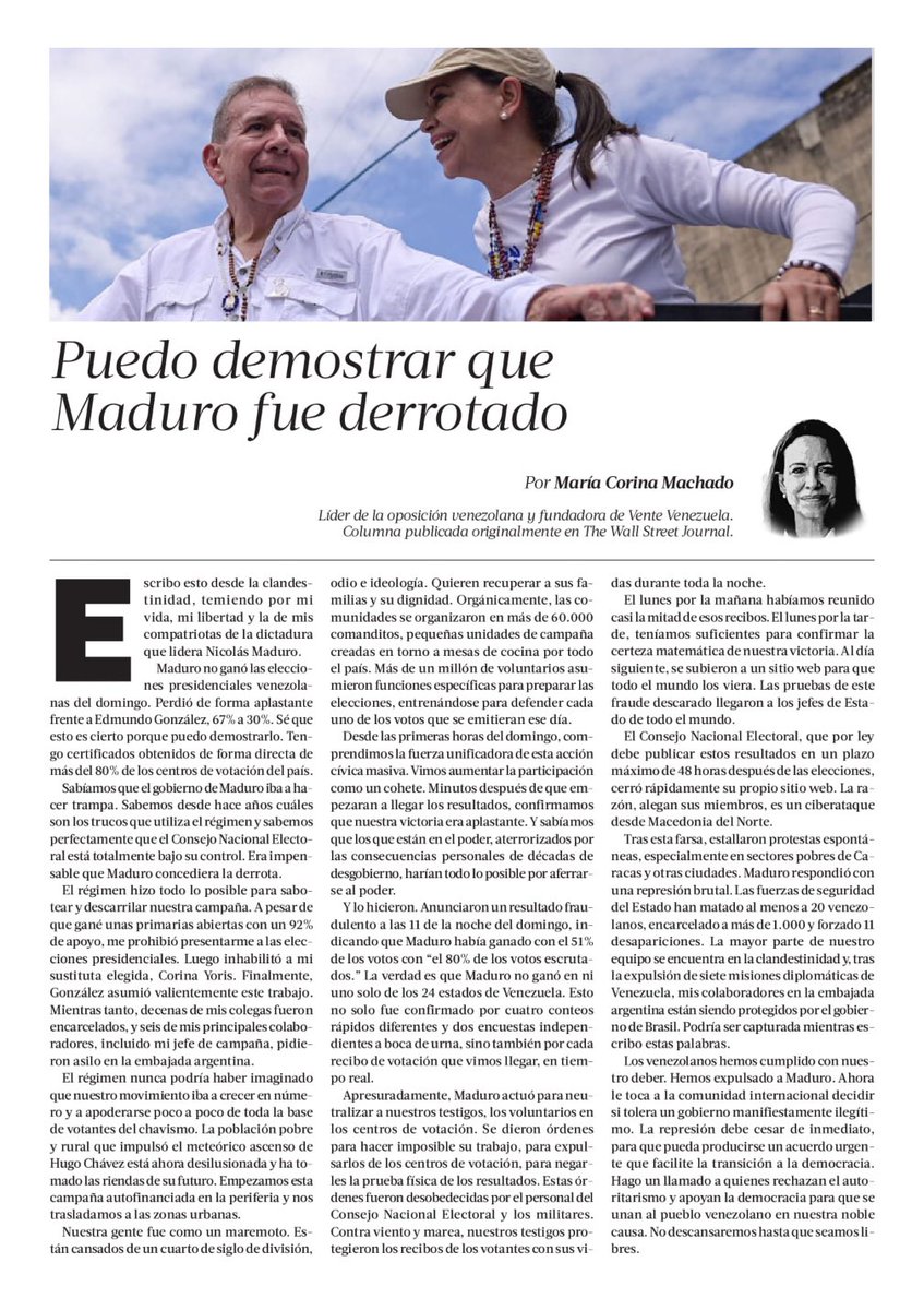 Esta no es otra columna de opinión. Lo que escribe <a href="/MariaCorinaYA/">María Corina Machado</a> -desde la clandestinidad- es un llamado al compromiso y a la acción de todos los demócratas por la libertad de #Venezuela. Es el clamor de un pueblo, no les podemos fallar.
