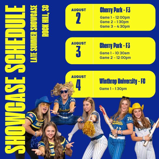 Kylah Shifflett (@kylahshifflett) on Twitter photo Last summer showcase with <a href="/Knockouts_Cole/">Knockouts-Cole 16u Softball</a>! Here is our schedule for the weekend! We would love for you to come and watch!
<a href="/RoanokeSoftball/">RoanokeSoftball</a> <a href="/cokersball/">Coker Softball</a> <a href="/Softball_CoachB/">Coach Bennett</a> <a href="/CoachJDeitz/">Jason Deitz</a> <a href="/Winthropsoftbal/">Winthrop Softball</a> <a href="/CoachMoWyatt/">Morgan Wyatt</a> <a href="/CoachFuller7/">Coach Fuller</a> <a href="/newberrysb/">Newberry College SB</a> <a href="/kylieshay98/">Kylie Shay</a> <a href="/GWUSoftball/">Gardner-Webb Softball</a> <a href="/baileywigness/">Bailey Wigness</a> Last summer showcase with <a href="/Knockouts_Cole/">Knockouts-Cole 16u Softball</a>! Here is our schedule for the weekend! We would love for you to come and watch!
<a href="/RoanokeSoftball/">RoanokeSoftball</a> <a href="/cokersball/">Coker Softball</a> <a href="/Softball_CoachB/">Coach Bennett</a> <a href="/CoachJDeitz/">Jason Deitz</a> <a href="/Winthropsoftbal/">Winthrop Softball</a> <a href="/CoachMoWyatt/">Morgan Wyatt</a> <a href="/CoachFuller7/">Coach Fuller</a> <a href="/newberrysb/">Newberry College SB</a> <a href="/kylieshay98/">Kylie Shay</a> <a href="/GWUSoftball/">Gardner-Webb Softball</a> <a href="/baileywigness/">Bailey Wigness</a>