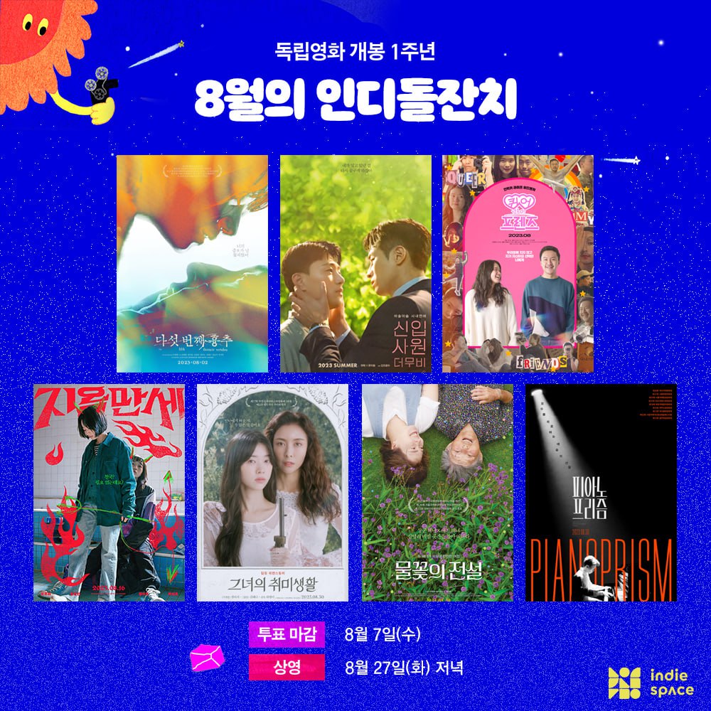 IndieSpace_kr's tweet photo. 관객 여러분과 함께 마련하는 유일무이 생일 파티 #인디돌잔치 🎉
8월 후보작은 <다섯 번째 흉추> <신입사원: 더 무비> <퀴어 마이 프렌즈> <지옥만세> <그녀의 취미생활> <물꽃의 전설> <피아노 프리즘>입니다.

투표마감: 8/7(수)
상영일정: 8/27(화) 저녁 예정

🗳️투표하기 https://t.co/AaprShPzYZ https://t.co/Wwid1WGNZ0