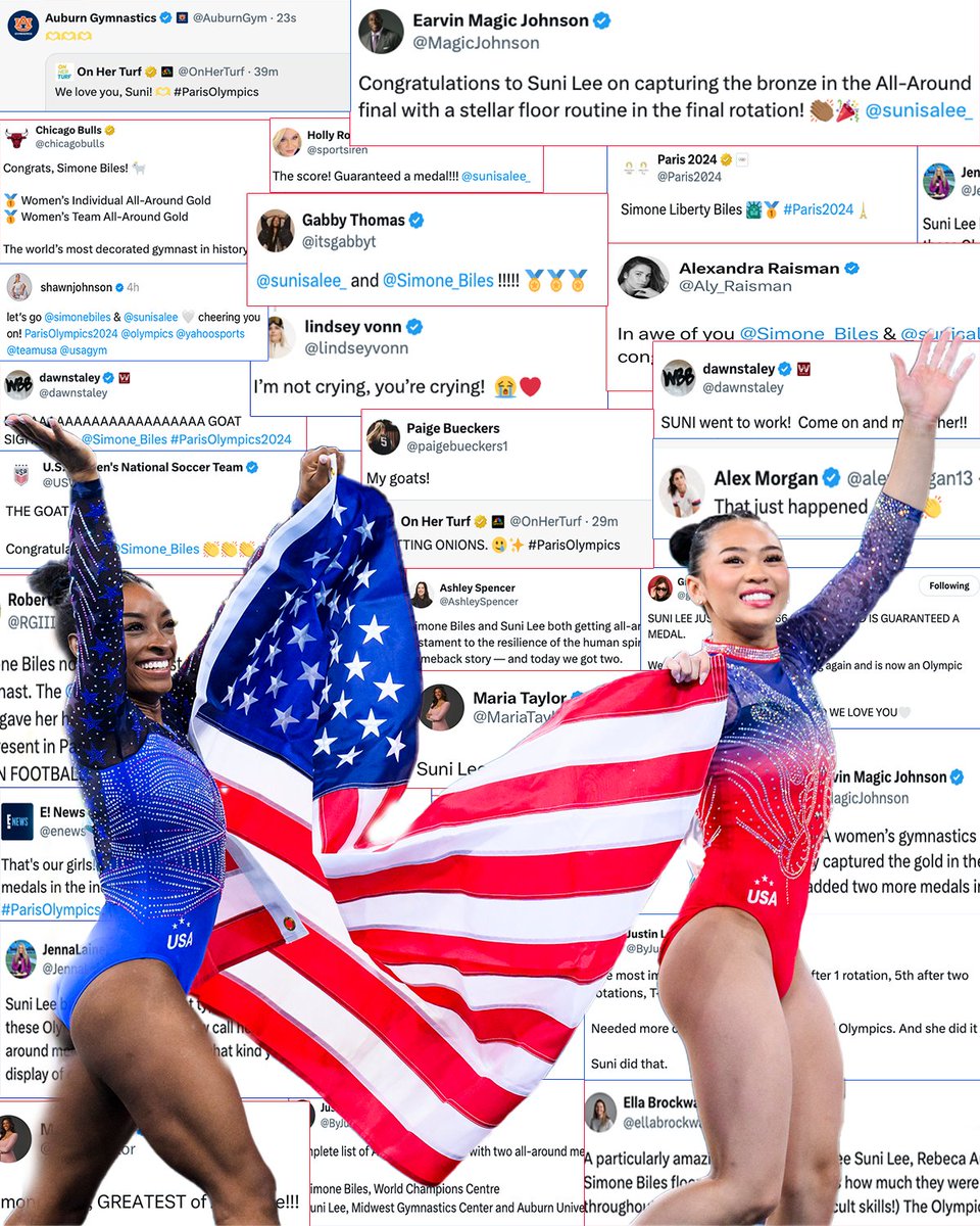 OnHerTurf's tweet photo. Simone Biles and Suni Lee are women of the people. ❤️🇺🇸 #ParisOlympics https://t.co/eSUT0eL4fp