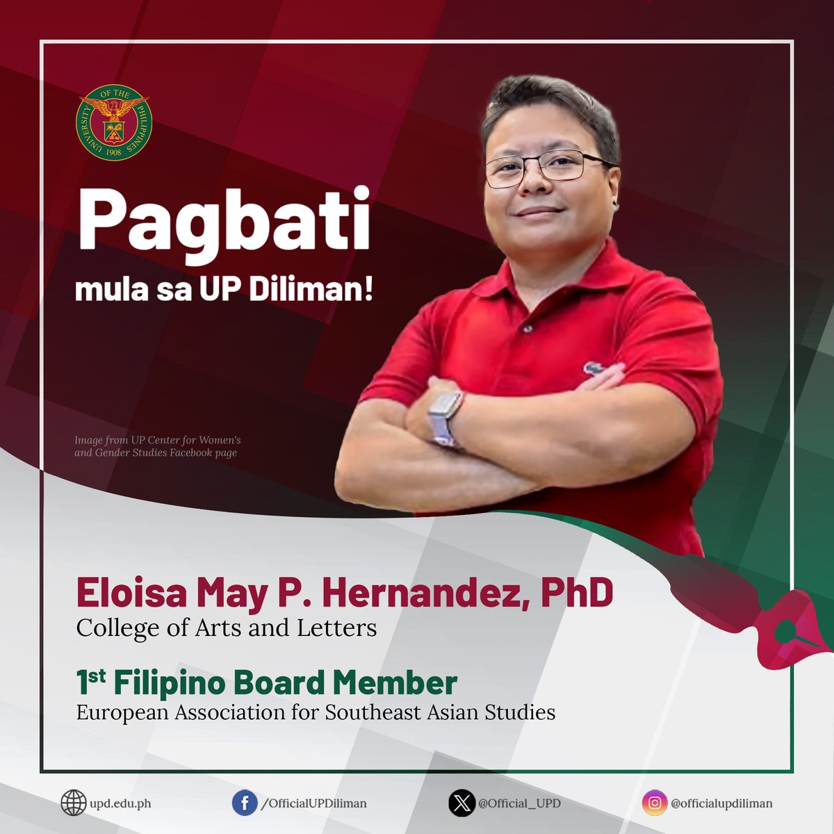 “Eloisa May P. Hernandez, PhD, a professor at the UP Diliman (UPD) Department of Art Studies (DAS), has been elected as the first Filipino member of the Board of European Association for Southeast Asian Studies (EuroSEAS).”

Read the article at upd.edu.ph/hernandez-is-1….