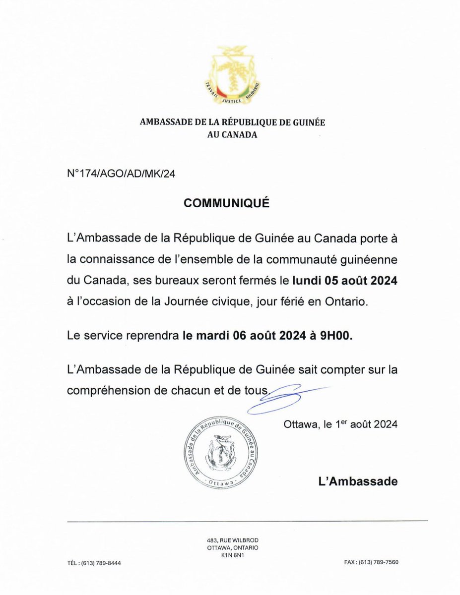 📌 [Communiqué N°174-2024]
CherEs Compatriotes, 
Nous serons fermés le lundi 05 août. 

Au plaisir de vous retrouver mardi en pleine forme. ☺️