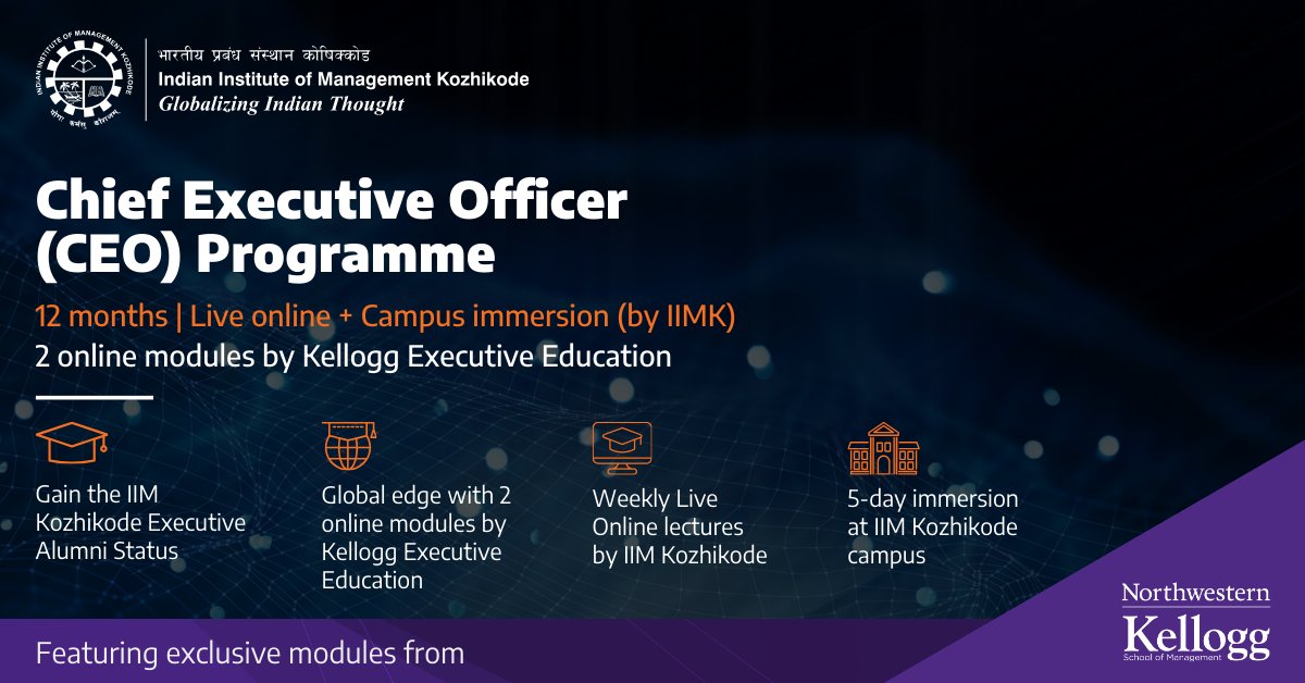 The Chief Executive Officer Programme from the Indian Institute of Management Kozhikode will equip new and aspiring CEOs with the necessary knowledge and skill sets to transform into visionary business leaders: erdt.us/vfr

#CEO #IIMK #EmeritusIndia