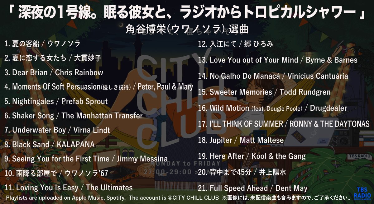 【プレイリスト公開】

CCC 8月1日(木)O.A.

角谷博栄(ウワノソラ) 選曲
「深夜の1号線。眠る彼女と、ラジオからトロピカルシャワー」

プレイリストを公開しました📻🎶

▽Apple Music
music.apple.com/jp/playlist/pl…

▼Spotify
open.spotify.com/playlist/4Fqy7…

#CCC905 #tbsradio