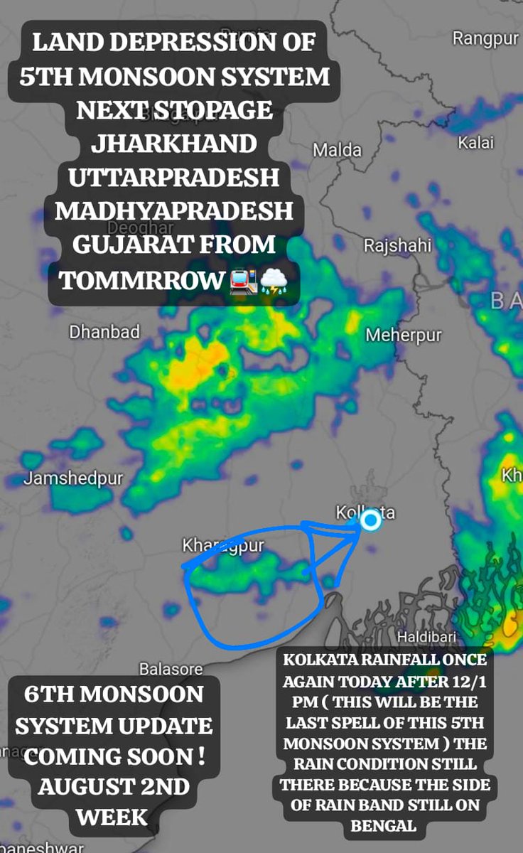 jackson10755839's tweet image. ⚠️#Observation WML Intensify Into Land Depression By Night Future Movement Towards Jharkhand As Of Now ..Due To This Yesterday Extremely Heavy Rainfall Flood Conditions Seen Over #Krishnagar #Patulia #Chakdah #Hooghly Rest Part Get Side Effect Include #Kolkata  (1/2)
