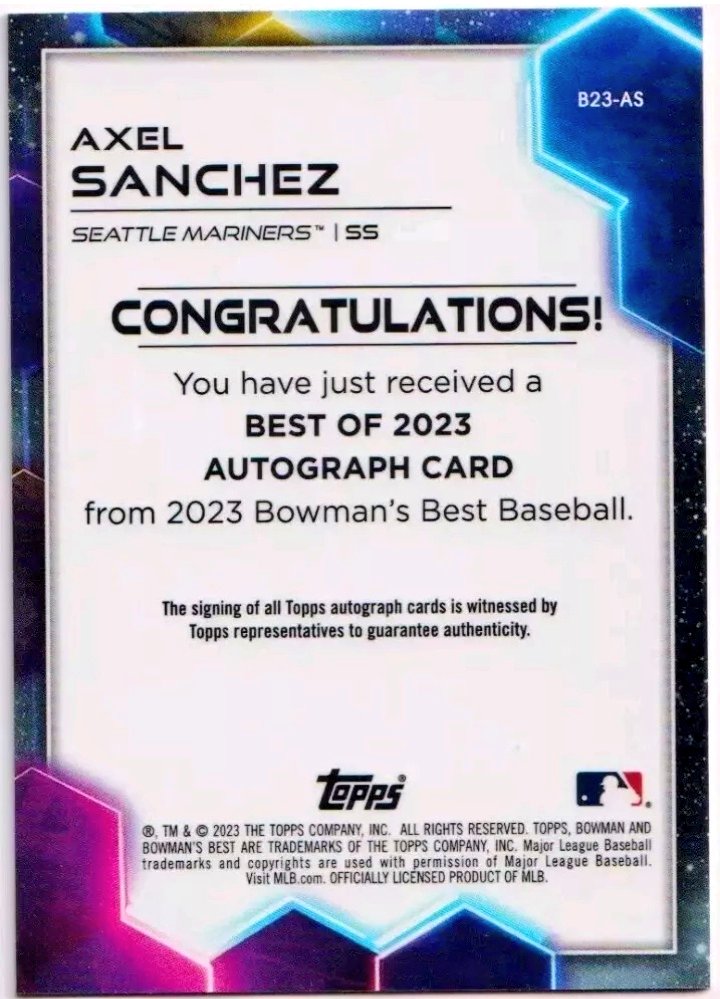 TresorSports's tweet photo. 2023 #Bowman's Best AXEL SANCHEZ #Auto

$7.95 BIN W/ PWE SHIPPING
CALL ☎️ TEXT OR DM 📩 

#BaseballCards #Mariners #MiLB #Baseball #SportsCards #thehobby #TradingCards #BaseballAmerica #whodoyoucollect #EverettAquaSox #MiLBMariners #BowmanCards #TheHobbyFamily #sportscardsforsale https://t.co/UFYoRyuz3Q