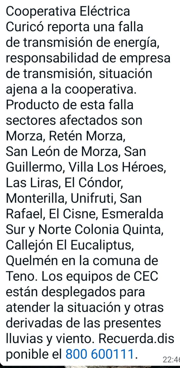 radiocondell's tweet photo. Cooperativa Eléctrica Curico reporta falla en sectores oriente de la comuna de Teno https://t.co/AJcdzyxhap