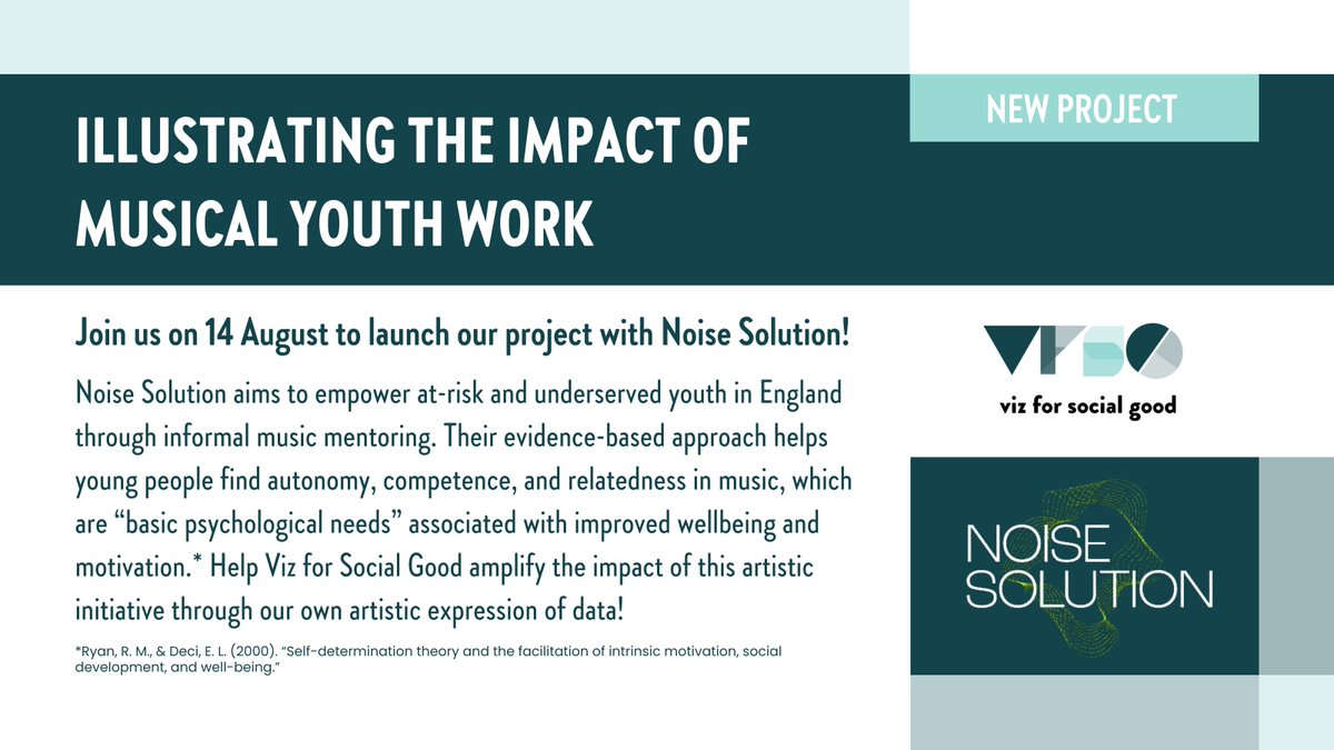 🚨 NEW #VizForSocialGood PROJECT 🚨

@NoiseSolutionuk empowers young people through evidence-based #Music mentoring. Help #VFSG amplify their impact with #DataViz: vizforsocialgood.com/join-a-project…! 🎶📊

Join us for the launch event on 14 Aug ➡️: events.humanitix.com/viz-for-social….

#DataForGood