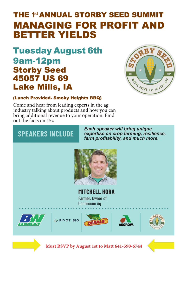 Storby Seed (@mattmstorby) on Twitter photo Come find some top notch info, from industry leading companies <a href="/Asgrow_DEKALB/">DEKALB Asgrow Seed</a> <a href="/pivotbio/">Pivot Bio</a> <a href="/Continuum_Ag/">Mitchell Hora</a> <a href="/bw_fusion/">BW Fusion</a> . Here is a chance to find something to take back to your farm operation and make a difference moving forward. Please RSVP for lunch.
Thank you! Come find some top notch info, from industry leading companies <a href="/Asgrow_DEKALB/">DEKALB Asgrow Seed</a> <a href="/pivotbio/">Pivot Bio</a> <a href="/Continuum_Ag/">Mitchell Hora</a> <a href="/bw_fusion/">BW Fusion</a> . Here is a chance to find something to take back to your farm operation and make a difference moving forward. Please RSVP for lunch.
Thank you!
