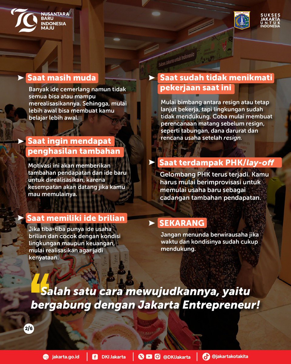 DKIJakarta's tweet photo. Warga Jakarta, ada yang ingin punya usaha sendiri? 

Sebelum memutuskan untuk punya usaha sendiri, pastikan sudah memiliki niat yang bulat terlebih dahulu agar usaha yang dibangun bisa berjalan dengan baik dan berkelanjutan.

Lalu, kapan sih waktu yang tepat untuk mulai membuka usaha dan bagaimana cara mendaftarkan usaha kamu ke Jakarta Enterpreneur? Simak infografis di atas ya!