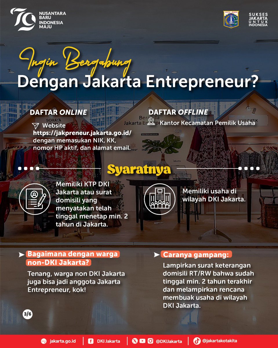 DKIJakarta's tweet photo. Warga Jakarta, ada yang ingin punya usaha sendiri? 

Sebelum memutuskan untuk punya usaha sendiri, pastikan sudah memiliki niat yang bulat terlebih dahulu agar usaha yang dibangun bisa berjalan dengan baik dan berkelanjutan.

Lalu, kapan sih waktu yang tepat untuk mulai membuka usaha dan bagaimana cara mendaftarkan usaha kamu ke Jakarta Enterpreneur? Simak infografis di atas ya!