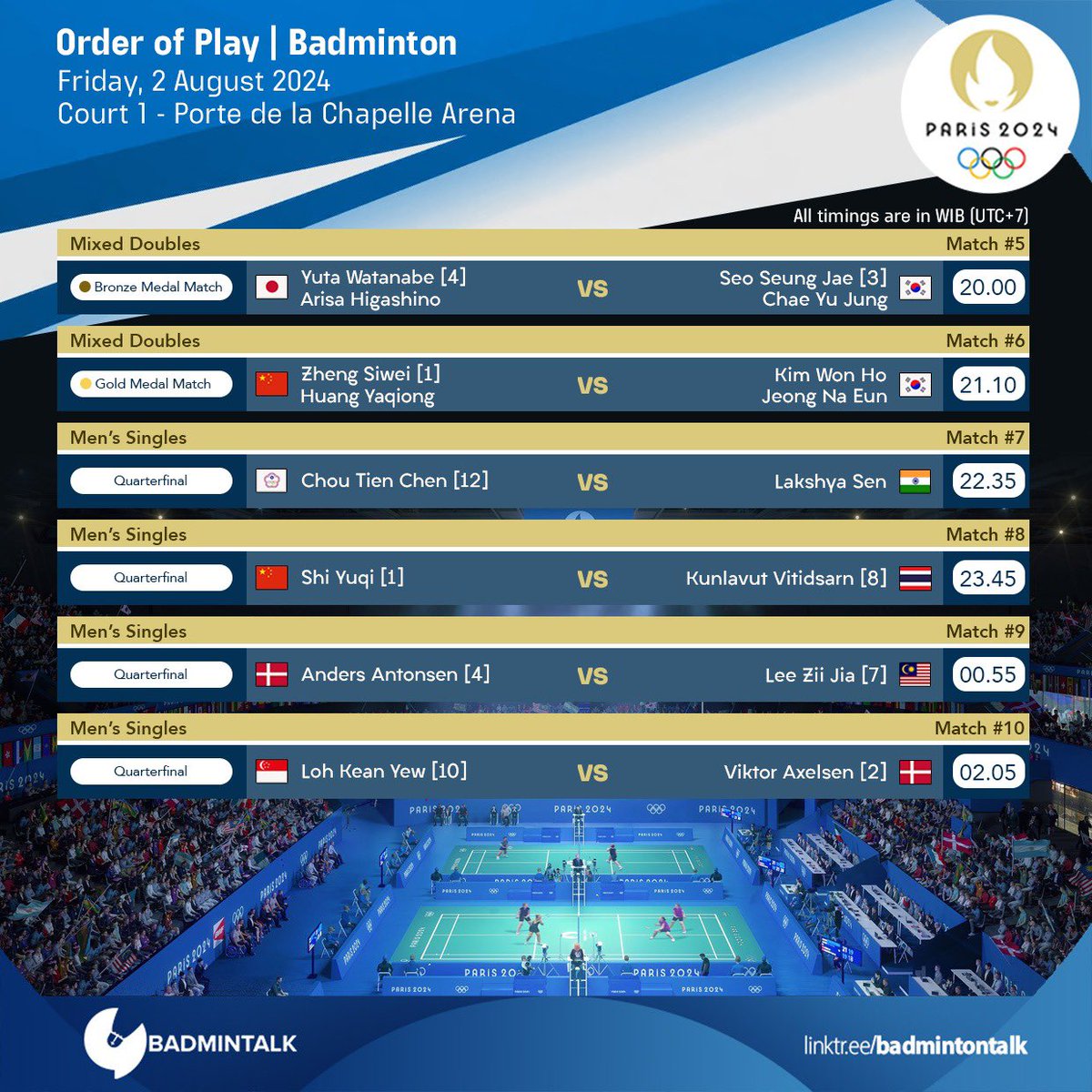 Order of Play - Olympic Games 2024 - #Badminton (Day 7) Friday, 2 August  2024 First match starts at 13.30 WIB #Paris2024 #OlympicGames