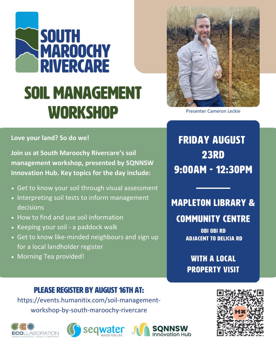 sqnnswhub's tweet photo. TESTING, UNDERSTANDING & MANAGING YOUR SOIL
Join Hub Regional Soil Coordinator Cameron Leckie for a FREE demonstration and paddock walk.
23 August 2024
Mapleton Library & Community Centre
Register at https://t.co/LyutuKlYFN
@DAFFgov
@GrowSoilAU
#NationalLandcareProgram https://t.co/b7vqIaANnt
