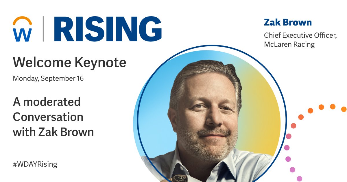 📣 Exciting day for #WDAYRising attendees! Announcing some of the incredible thought leader voices from the <a href="/Workday/">Workday</a> customer community joining us on the main stage: Zak Brown of <a href="/McLarenF1/">McLaren Mastercard Formula 1 Team 🧡</a> Racing &amp; Merlix Reynolds of <a href="/RaceTrac/">RaceTrac</a>. Register now! #TeamWDAY bit.ly/3Wx6NTZ