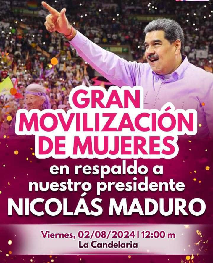 Las mujeres que luchamos con dignidad por la Paz, marcharemos en las calles de #Caracas este Viernes 2 de Agosto… 

Vamos con ese gran sentimiento patriótico, antiimperialista y feminista al respaldo de nuestro Presidente reelecto Nicolás Maduro Moros. 
#MujeresPorLaPaz