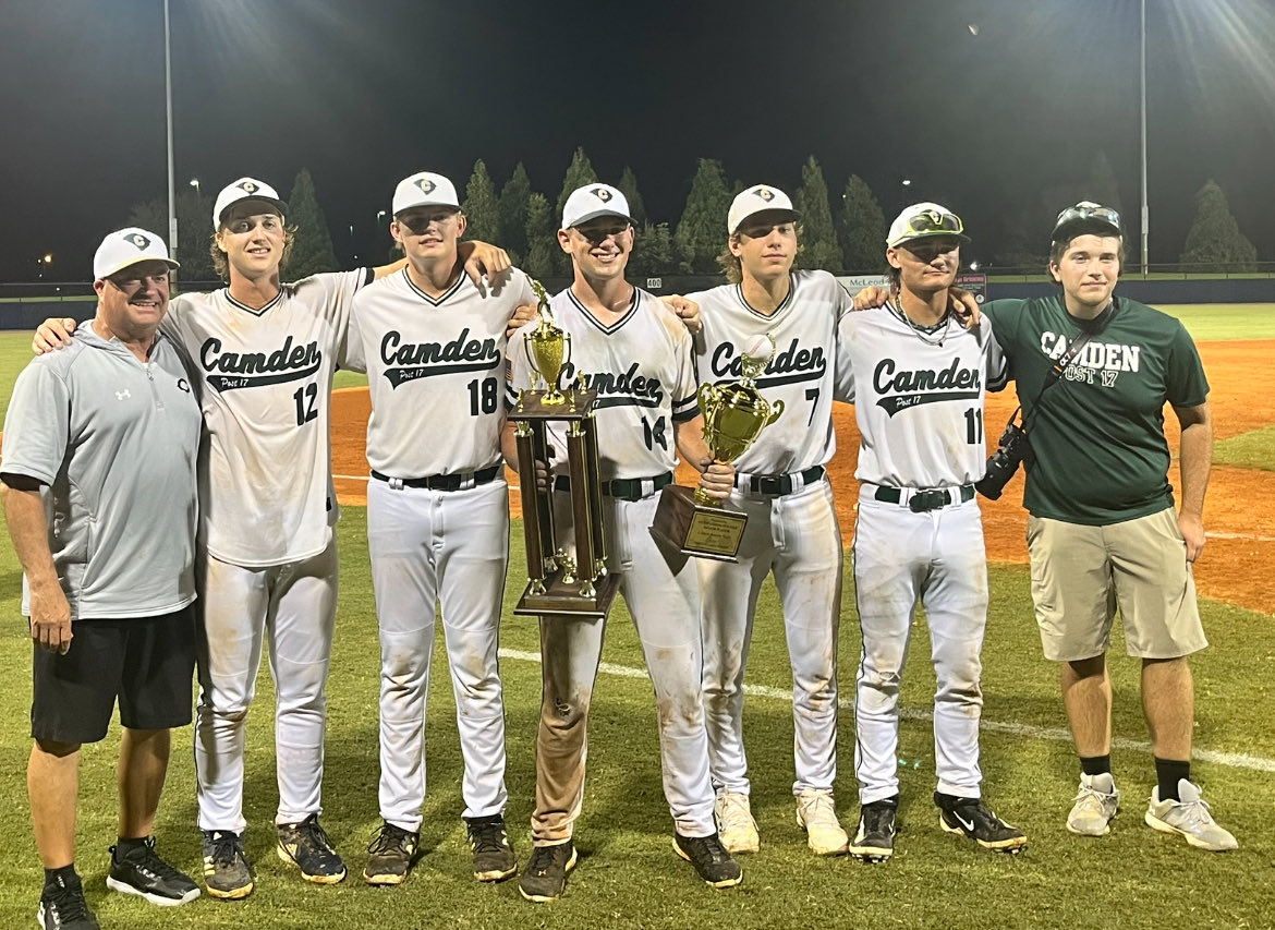 CamdenHighbsb's tweet photo. Congrats to our Camden Post 17 Sr Legion Team for winning the State Championship tonight 9-2!!! These players represented CHS well. They are Davis Beckley, Cade Marturano, Zech Haney -Most Valuable Pitcher, Kade Bell, Campbell Denton and photographer Kendall Horner! #CamdenStrong https://t.co/yydExLZoSG