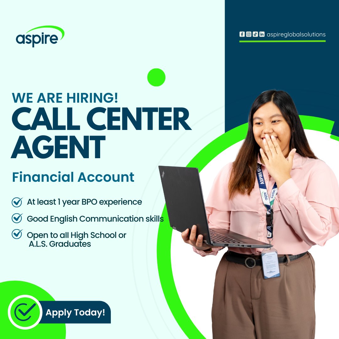 aspireglobal_ph's tweet image. Ready to advance your career? Join our Financial team! 

We're seeking high school grads with great communication skills and BPO experience. 

Apply now: bit.ly/4eBVFxw

 #aspirehiring #bpo #financialaccount #applynow
