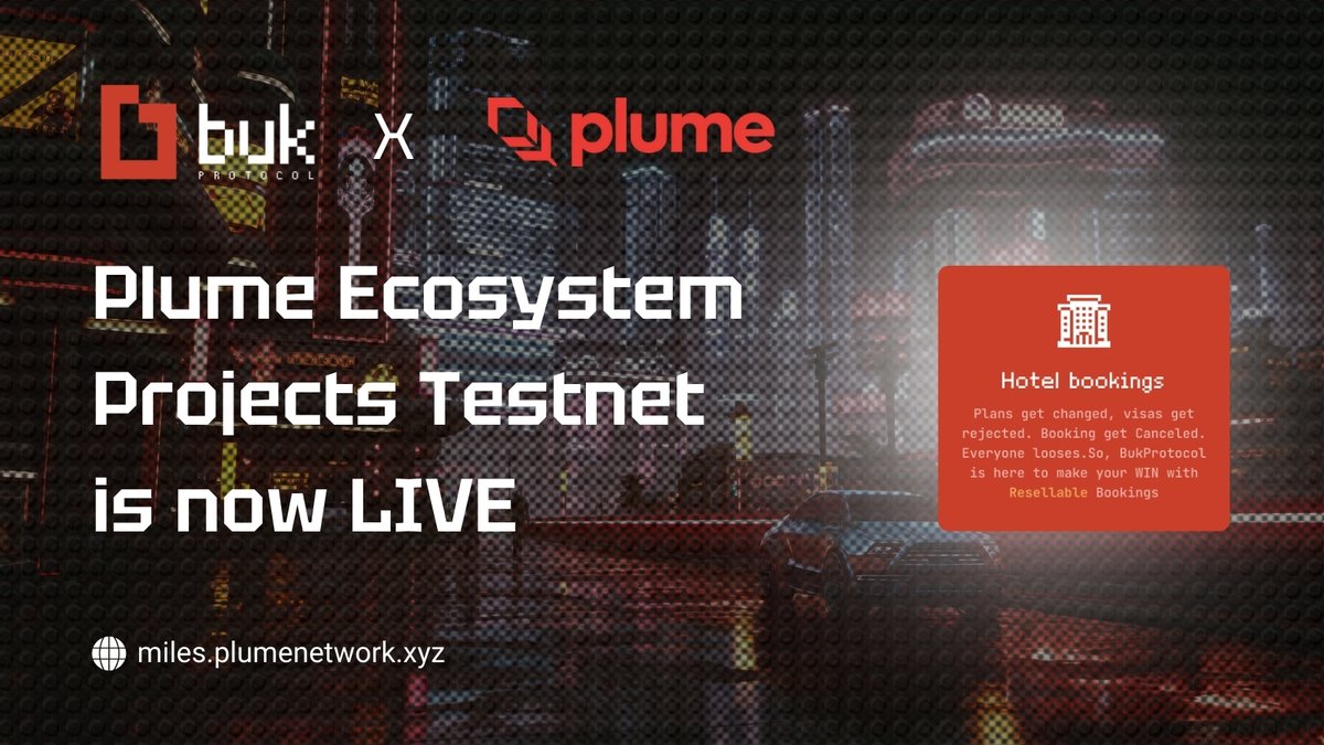 AITravel - AI agents for Travel (@bukprotocol) on Twitter photo Plume Ecosystem Projects Testnet is now LIVE ⚡️
Joining testnet alongside <a href="/Landshareio/">Landshare</a>, <a href="/KumaProtocol/">Kuma Protocol</a>, and <a href="/SolidViolet/">SolidViolet</a> on <a href="/plumenetwork/">Plume</a>.
Test how <a href="/BukProtocol/">AITravel - AI agents for Travel</a> is transforming IRL hotel bookings as dynamic #RWA.
Earn more MILES 🪙
🧵... Plume Ecosystem Projects Testnet is now LIVE ⚡️
Joining testnet alongside <a href="/Landshareio/">Landshare</a>, <a href="/KumaProtocol/">Kuma Protocol</a>, and <a href="/SolidViolet/">SolidViolet</a> on <a href="/plumenetwork/">Plume</a>.
Test how <a href="/BukProtocol/">AITravel - AI agents for Travel</a> is transforming IRL hotel bookings as dynamic #RWA.
Earn more MILES 🪙
🧵...