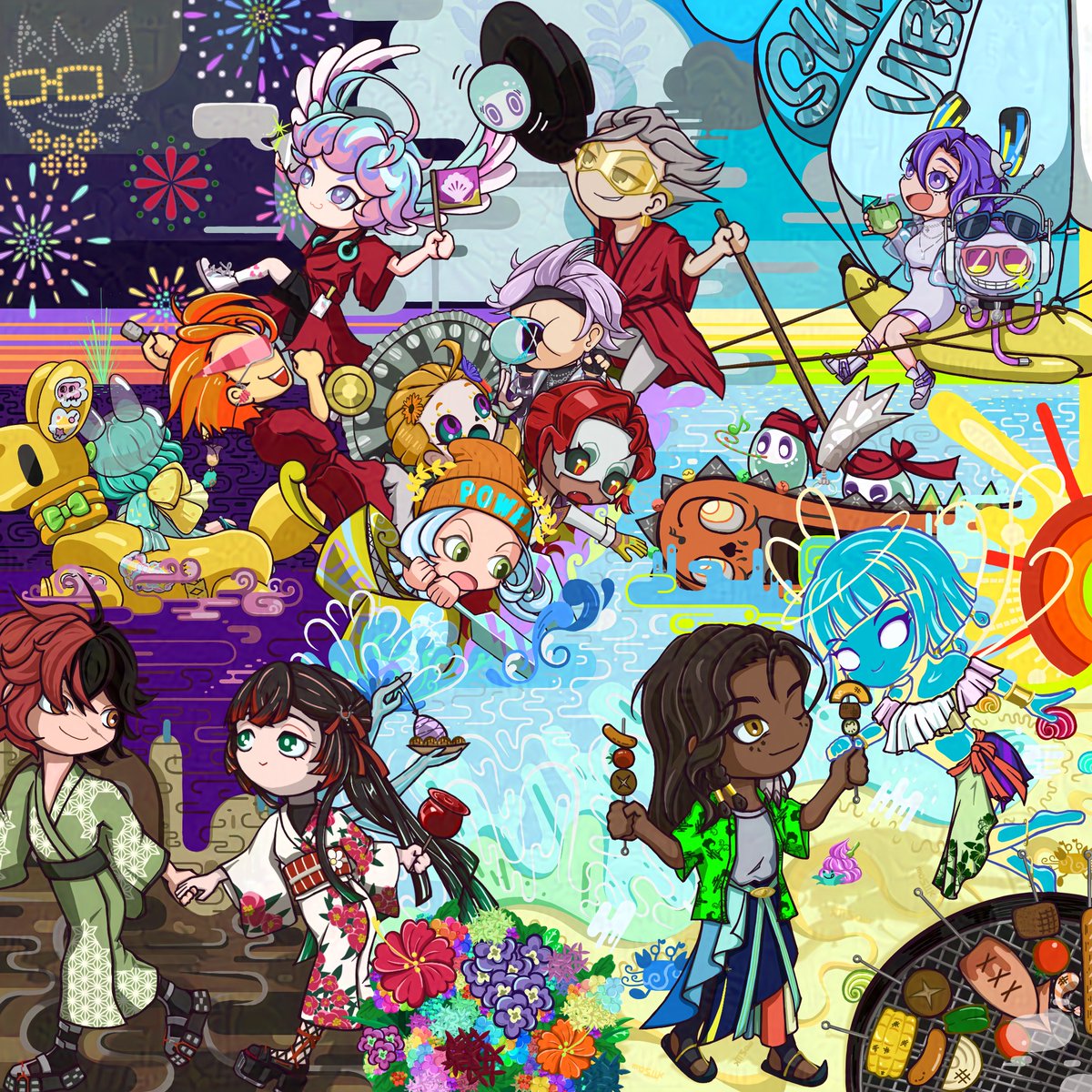 kittsaw's tweet photo. Q：Hey, guys! Are you ready to enjoy summer to the fullest? Parasailing with a banana boat and a haarii will instantly bring summer into full swing☀️ At night, everyone is looking forward to the drone show and fireworks!🎆

#Dislyte #DislyteFanart #DislyteSummerVibes https://t.co/FfEHgy9rMb