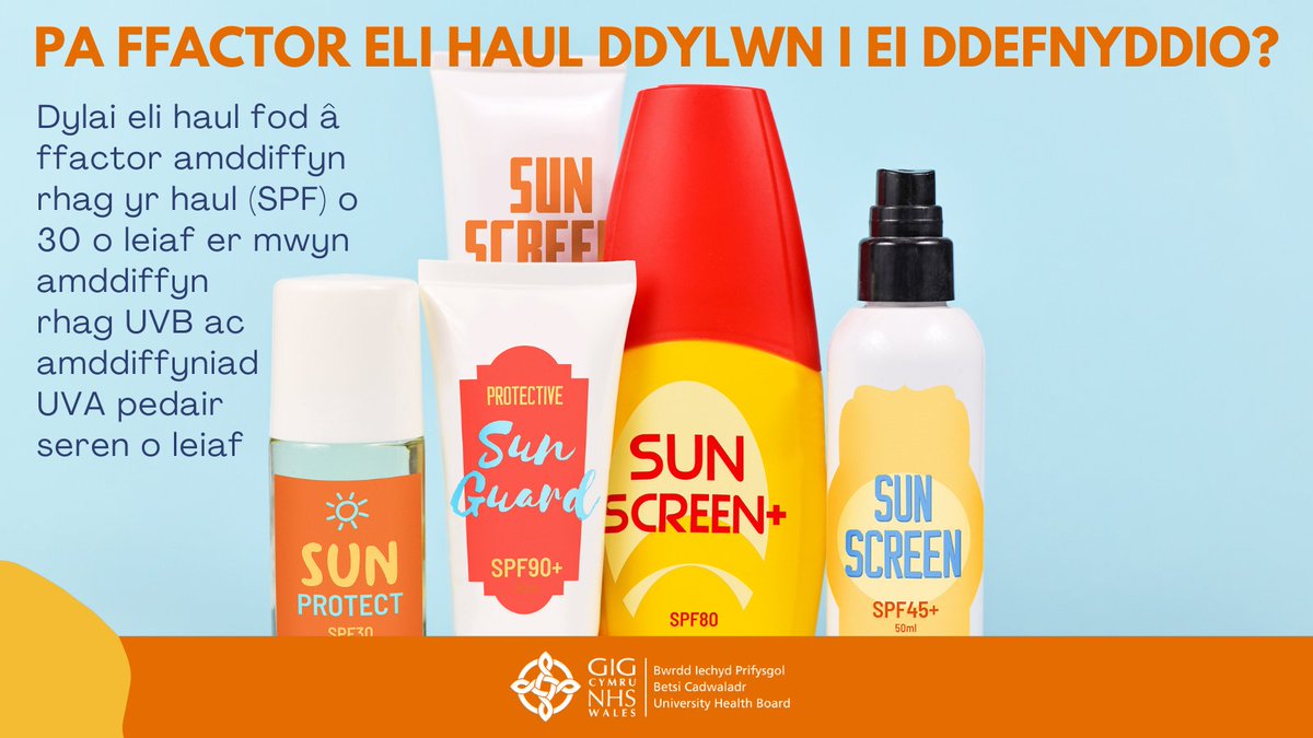 Dylech chi ond defnyddio eli haul sydd â ffactor amddiffyn rhag yr haul (SPF) o 30 o leiaf er mwyn amddiffyn rhag UVB ac amddiffyniad UVA pedair seren o leiaf. Dylech chi wirio dyddiad dod i ben yr eli haul cyn ei ddefnyddio.

Gwybodaeth bellach: bipbc.gig.cymru/cyngor-iechyd/…