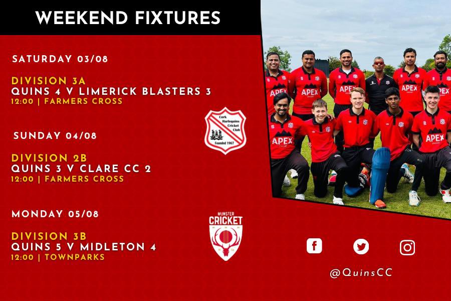 Cork Harlequins CC (@quinscc) on Twitter photo CUP FINAL WEEKEND. Best of luck to our 1s & 2s who take on <a href="/Cork_CountyCC/">Cork County CC ๐</a> and <a href="/LimerickCricket/">Limerick Cricket Club</a> in the <a href="/MunsterCricket/">Munster Cricket</a> Senior & Junior Cup finals. Best of luck to the lads. All support greatly appreciated. ๐ฅ 3s, 4s & 5s are also in league action over the action packed weekend ๐ CUP FINAL WEEKEND. Best of luck to our 1s & 2s who take on <a href="/Cork_CountyCC/">Cork County CC ๐</a> and <a href="/LimerickCricket/">Limerick Cricket Club</a> in the <a href="/MunsterCricket/">Munster Cricket</a> Senior & Junior Cup finals. Best of luck to the lads. All support greatly appreciated. ๐ฅ 3s, 4s & 5s are also in league action over the action packed weekend ๐
