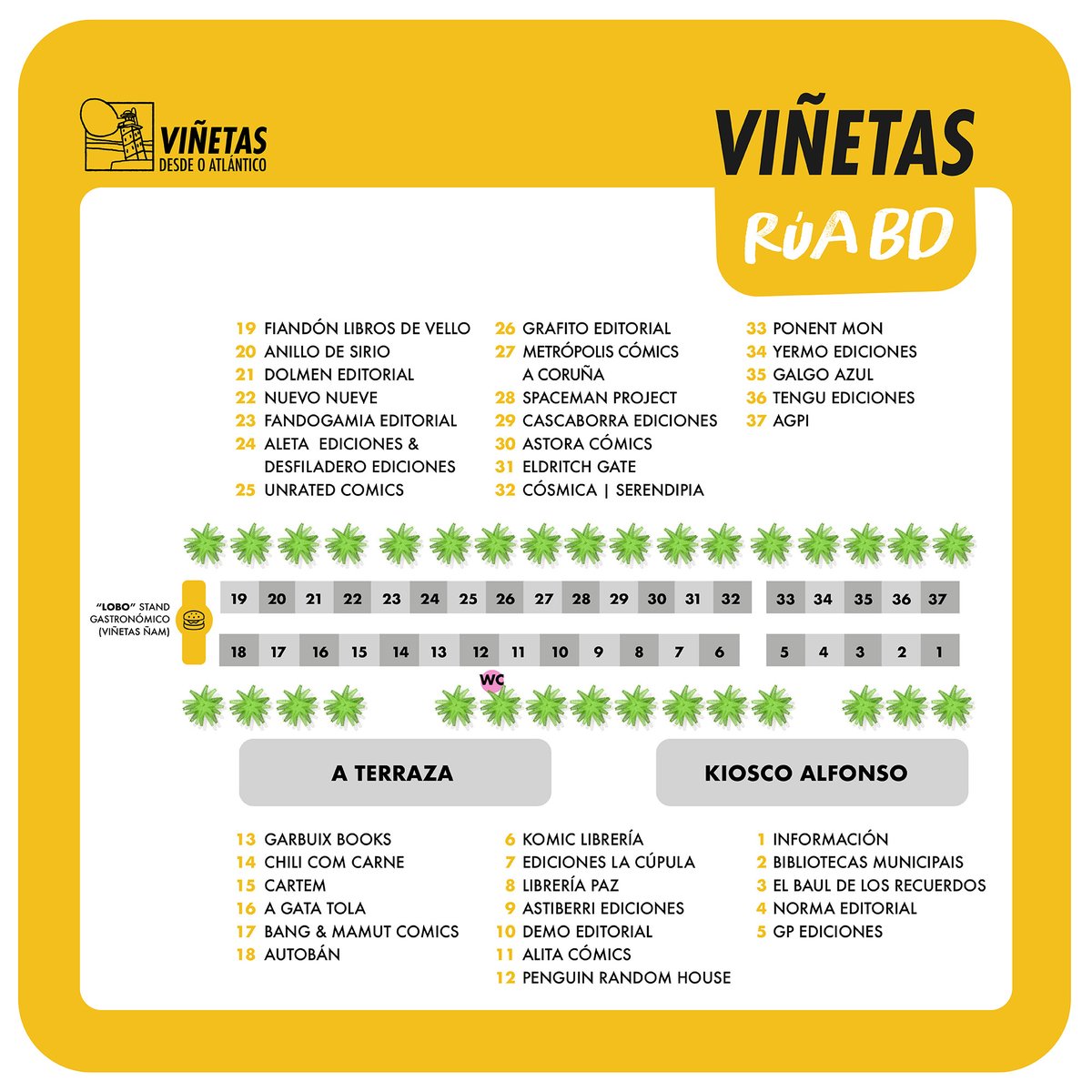 🟡VIÑETAS RÚA DA BD
👀 Aquí está o plano que tes que gardar para non perder o mellor da banda deseñada do mercado, de onte, de hoxe... e de mañá! 
🛣️ 36 expositores: 24 editoriais, 10 librarías, 2 asociacións e o stand das Bibliotecas da Coruña. 
ℹ️ vinetasdesdeoatlantico.com