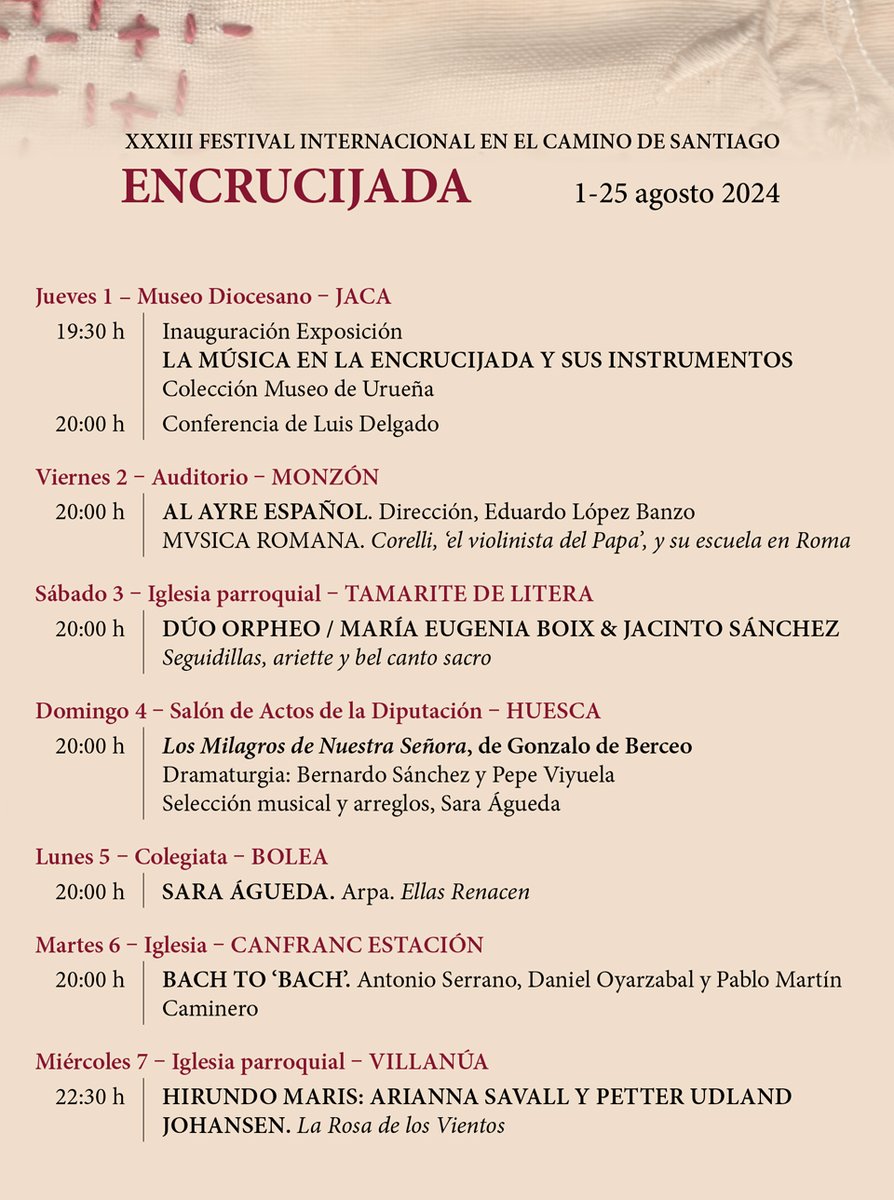 CSantiagoAragon's tweet photo. ¡XXXIII @festivalcamino! Un fantástico programa de conciertos que van a recorrer, hasta el 25 de agosto, escenarios repartidos a lo largo del #CaminodeSantiago en #Aragón 📜✨
🔺 Toda la información en: https://t.co/hXMouMoG7v #33FICS https://t.co/34drrhF8jx