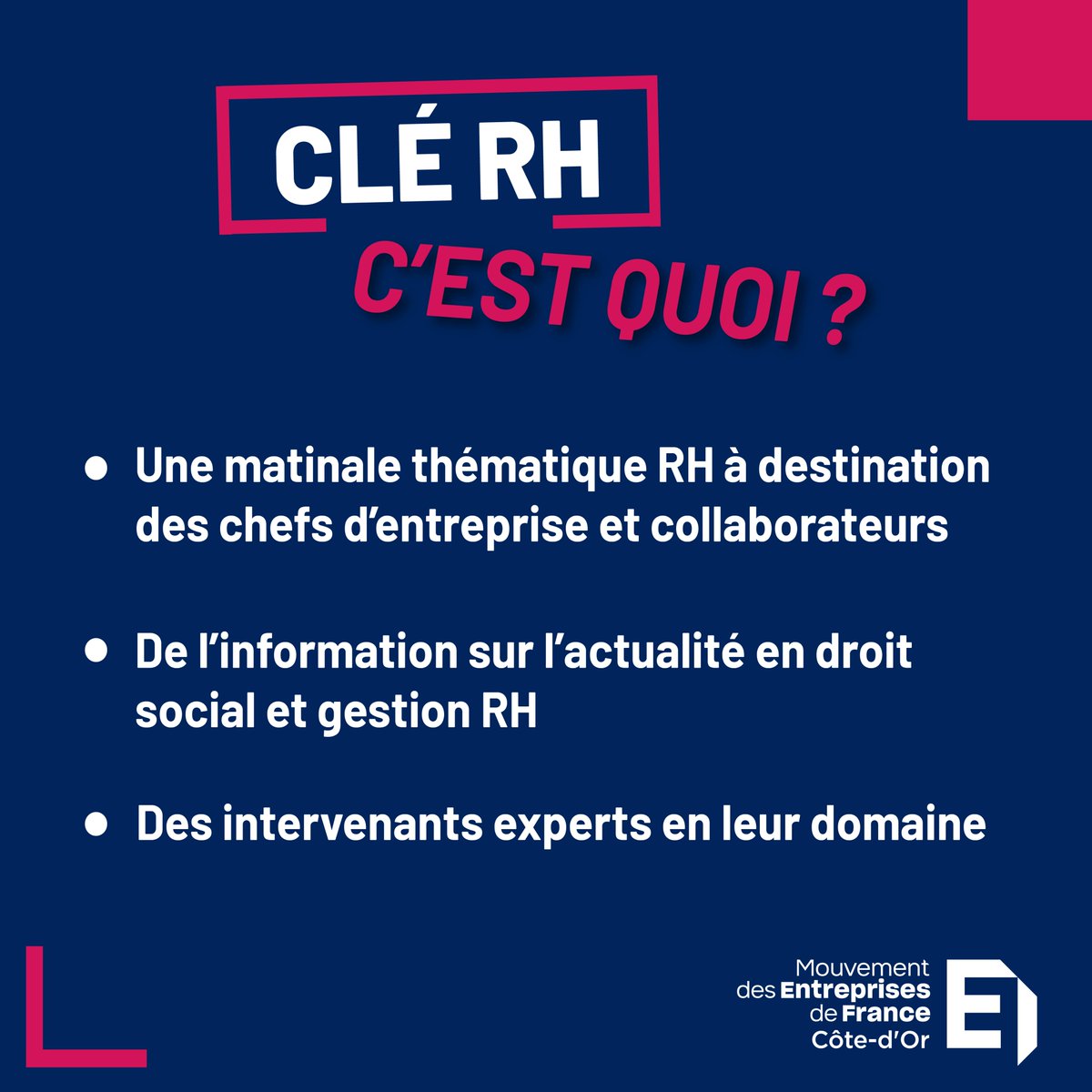 medef21's tweet photo. 🤔 Connaissez-vous les Clés RH du MEDEF Côte-d’Or ?

❗ Ne manquez pas notre prochaine Clé RH qui aura lieu le jeudi 12 septembre de 9h à 11h30 ❗

👇 Vous pouvez vous inscrire dès à présent, lien en commentaires !👇

#medef21 #entreprise #clérh #ressourceshumaines https://t.co/wm8tccFvAm