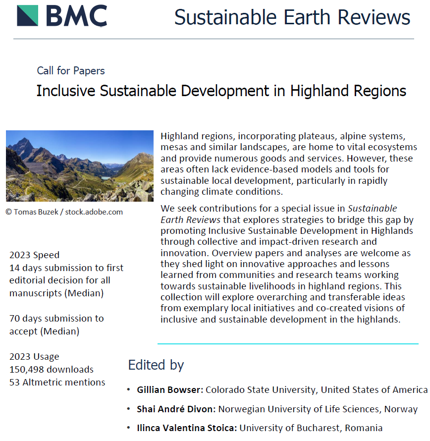 📢Call for Papers📢
We are looking for papers on "Inclusive Sustainable Development in Highland Regions", which will be published by "Sustainable Earth Reviews".
This is an open call and we are happy for every contribution! 🌍

Find more information here:
tinyurl.com/yc69wyxd