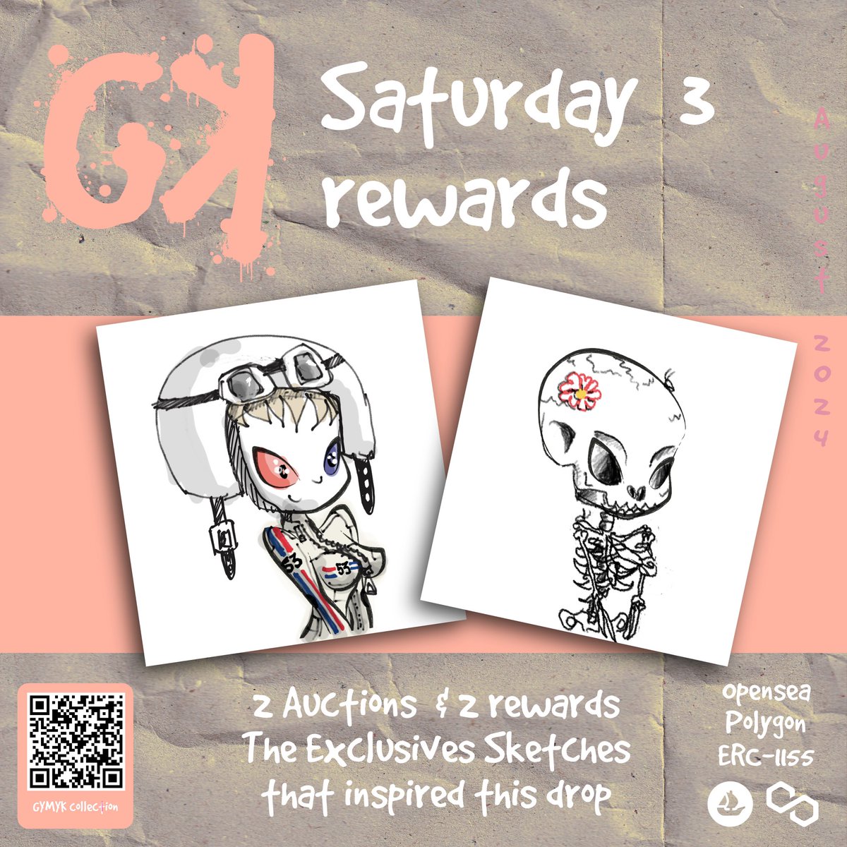 🔥 FUTURE DROP APPROACHING 🔥 

The new drop of Saturday is ready!!! 2 Gymyk on auction at 12h is arriving!!

2 gifts for each buyer with the sketch of our creations!!

Starting at 0.0095eth🚀

Be ready 🔥 

#NFT #NFTCommunity #nftcollectors