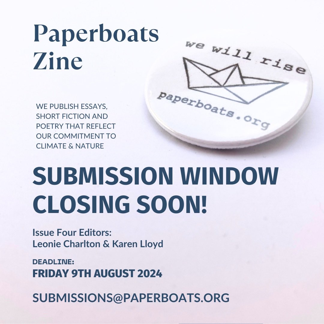 Paperboats Writers (@paperboatswrite) on Twitter photo One week to go!
Details at: paperboats.org/submissions
As an unfunded grassroots organisation we rely on the generosity of our writers in donating their work. If published though, we’ll send you one of our coveted Paperboat badges donated by Scotland’s Makar <a href="/KathleenJamie/">Kathleen Jamie</a> One week to go!
Details at: paperboats.org/submissions
As an unfunded grassroots organisation we rely on the generosity of our writers in donating their work. If published though, we’ll send you one of our coveted Paperboat badges donated by Scotland’s Makar <a href="/KathleenJamie/">Kathleen Jamie</a>