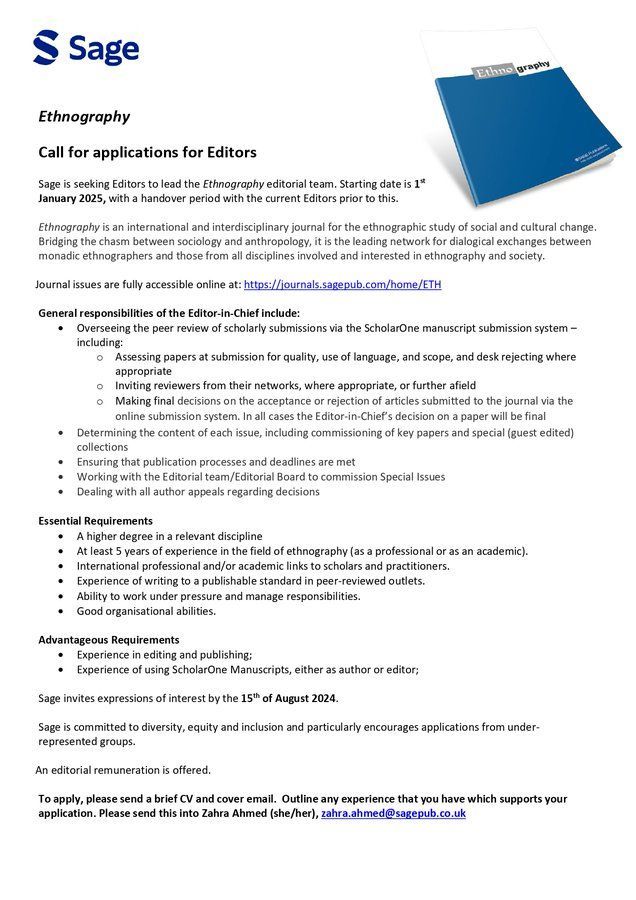 EASAinfo's tweet image. 📢 Ethnography: Call for applications for Editors
⏰ Sage invites expressions of interest by 15th August

More info here ⤵️
buff.ly/3ycWiNT