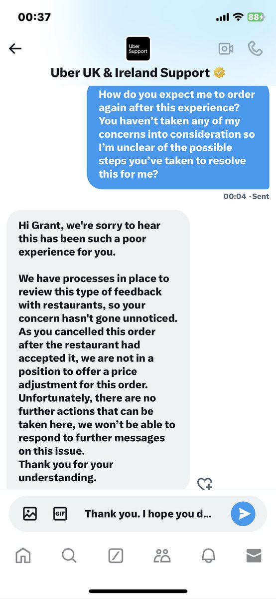 grantdashwood's tweet photo. @ubereats_uk @UberUKI_Support here’s how Uber wasn’t able to answer my questions about how to cancel an order (although that was their instruction). Completely useless and shocking service. I think @JustEatUK and @Deliveroo can do better! https://t.co/V2qGkro61D