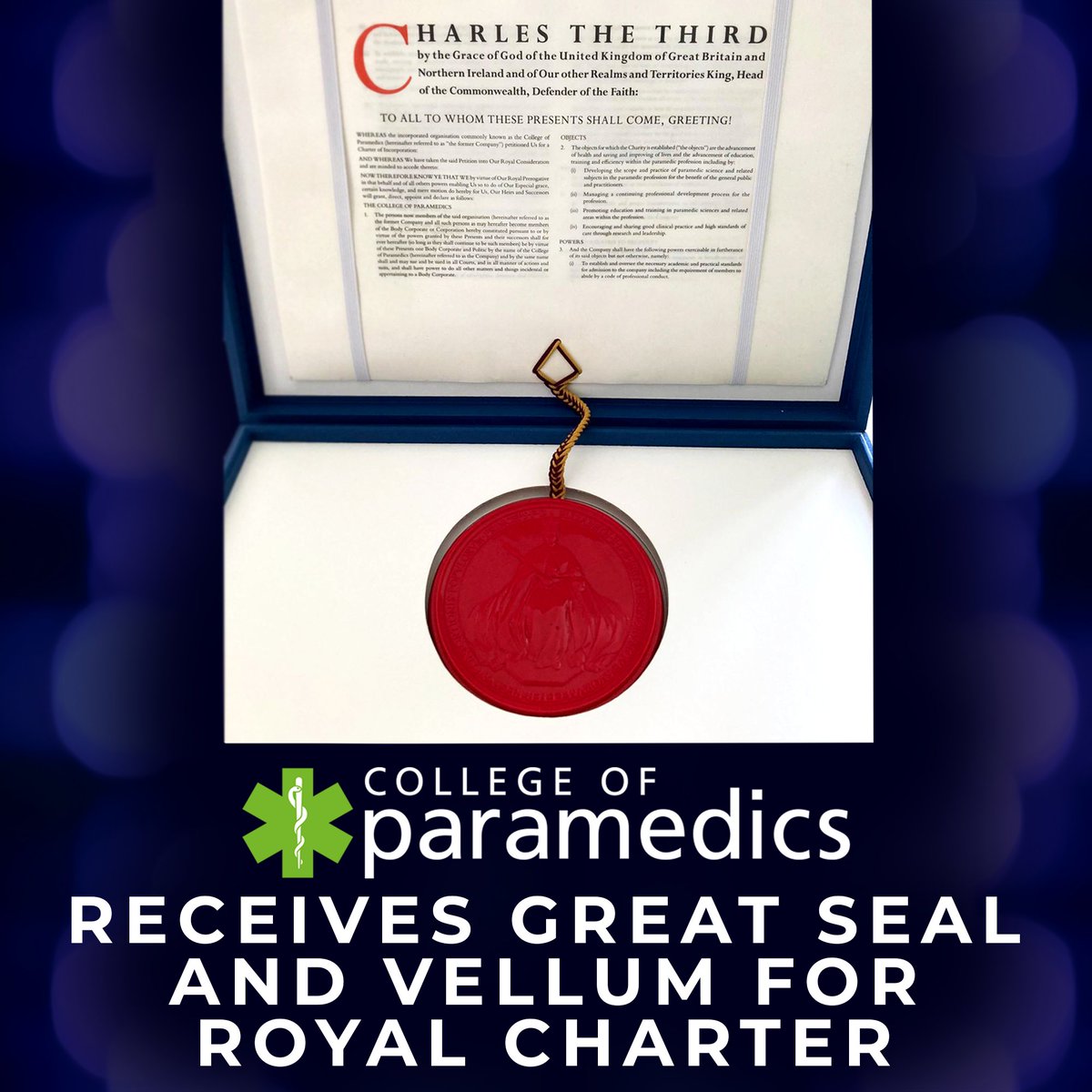 🎉 We are thrilled to announce a historic milestone for the College of Paramedics! On July 9, 2024, the Great Seal was officially affixed, bringing the Royal Charter of Incorporation into legal effect!

Stay tuned as we continue this exciting journey together! 🚑🙌

#ParamedicsUK