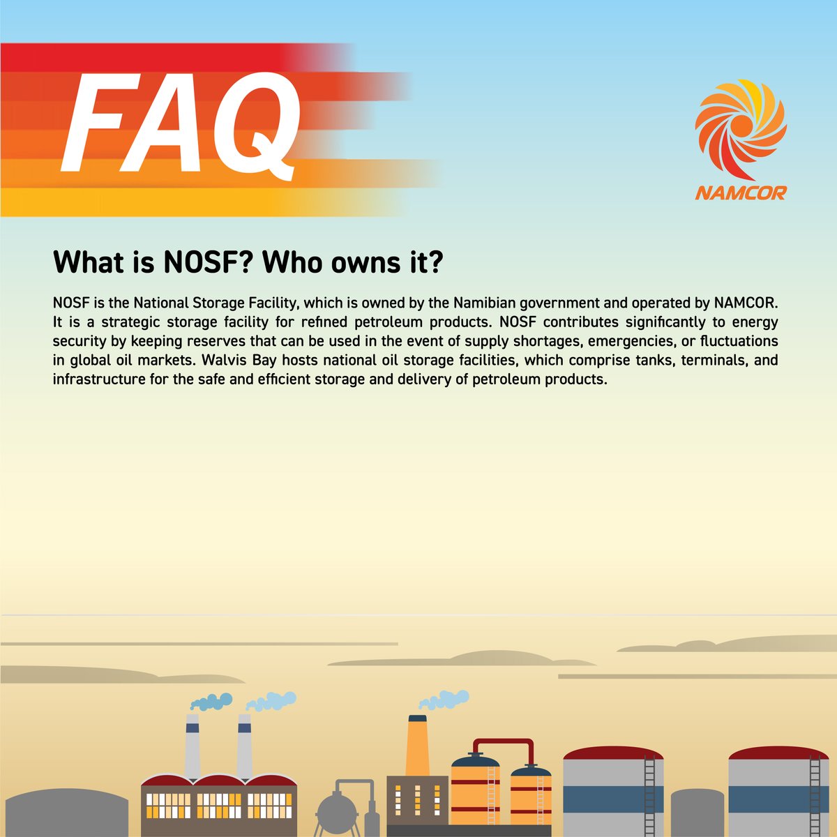 NamcorNamibia's tweet photo. NOSF, Namibia’s National Oil Storage Facility in Walvis Bay, is a game-changer! This strategic hub stores essential fuel reserves, safeguarding our energy security. #Namibia #OilAndGas #EnergySecurity #NOSF https://t.co/kyC7BLZ6S8
