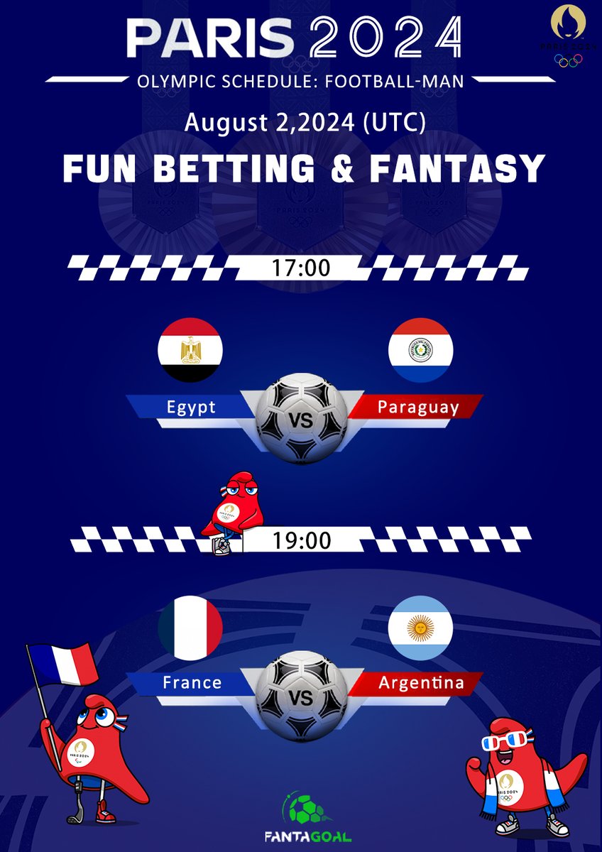 Fanta_Goal's tweet photo. 🚀 The #Paris2024 Olympics football action is on 🔥 today with TWO epic matches!
Who’s advancing?🤔

🇪🇬 🆚 🇵🇾｜17:00  8.2（UTC）
🇫🇷 🆚 🇦🇷｜19:00  8.2（UTC）

🔥 Don’t miss the #OlympicGames action! Keep the excitement alive with Fun Betting  – win $mFGC and FantaPoints! 💵🚀 https://t.co/VQrFpV5IKZ