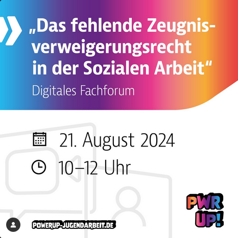 Digitales Fachforum "Das fehlende #Zeugnisverweigerungsrecht in der #SozialenArbeit"

Am 21.08.24 von 10:00-12:00 Uhr möchten wir mit Jugendarbeiter*innen dazu ins Gespräch kommen.  Anmeldung unter: powerup-jugendarbeit.de/news/das-fehle…

#Jugendarbeit #Sachsen #Powerup #digital #streetwork