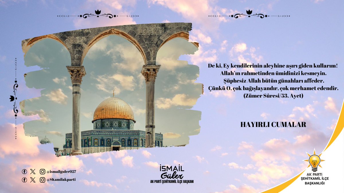 "De ki, Ey kendilerinin aleyhine aşırı giden kullarım!
Allah'ın rahmetinden ümidinizi kesmeyin. Şüphesiz Allah bütün günahları affeder. Çünkü O, çok bağışlayan ve merhamet edendir.
(Zümer Sûresi/53. Ayet)

Dualarımız kabul, Cum'amız mübarek olsun.