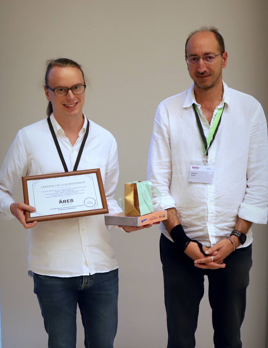 The winner of the best research paper award of ARES 2024 is "Provably Secure Communication Protocols for Remote Attestation" by Johannes Wilson, Mikael Asplund, Niklas Johansson &amp; Felipe Boeira 

Congratulations
#ares2024