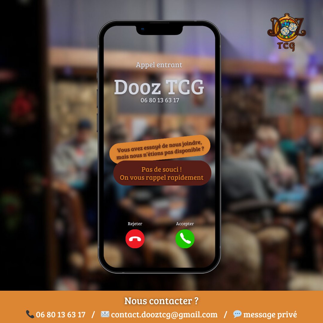 Vous avez tenté de nous contacter mais nous étions indisponibles. 😔

Aucun souci ! 🙅🏻‍♀️
Nous reviendrons vers vous avec la rapidité d’un éclair dès que les étoiles le permettront.

💬 Envoyez-nous un message privé sur nos réseaux sociaux ou un mail à contact.dooztcg@gmail.com.