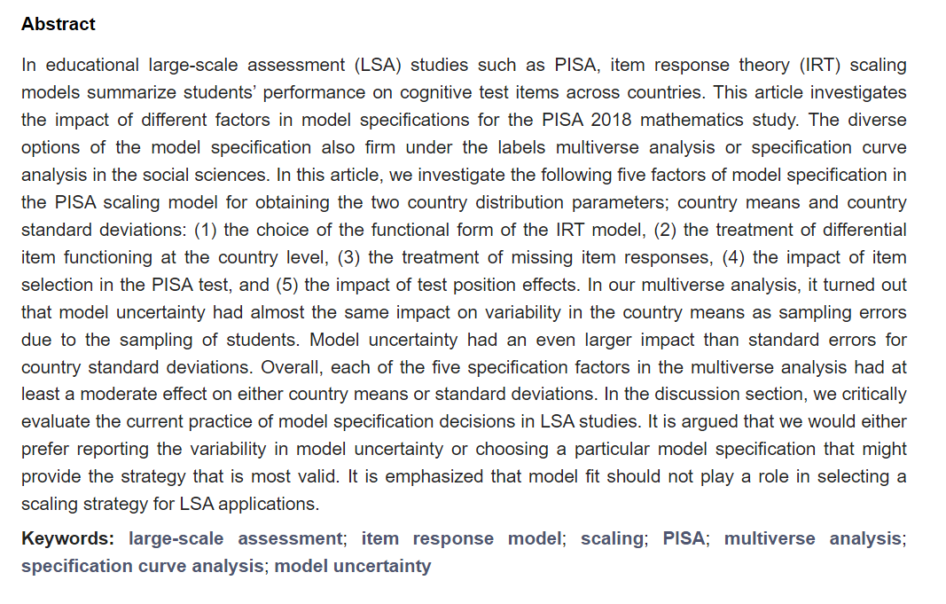 EJIHPE_MDPI's tweet photo. 🥳Welcome to read👉"Exploring the #Multiverse of #AnalyticalDecisions in #Scaling Educational #LargeScaleAssessment Data: A #SpecificationCurveAnalysis for #PISA 2018 #MathematicsData"📜by🧑‍🏫Alexander Robitzsch et al.:📍https://t.co/asSiL8d5bJ
#itemresponsemodel #modeluncertainty https://t.co/cdh8PsdrL1