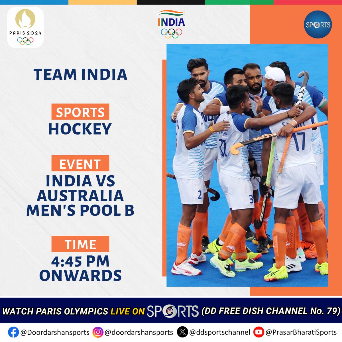 🏑 #TeamIndia will play against Australia today in their last Men's Pool B group clash. 

Watch LIVE on DD Sports 1.0 📺 (DD Free Dish)

#Paris2024 #Cheer4Bharat #Olympics #Hockey <a href="/MIB_India/">Ministry of Information and Broadcasting</a> <a href="/PIB_India/">PIB India</a> <a href="/Media_SAI/">SAI Media</a> <a href="/AkashvaniAIR/">Akashvani आकाशवाणी</a> <a href="/IndiaSports/">Dept of Sports MYAS</a> <a href="/DDNewslive/">DD News</a> <a href="/DDIndialive/">DD India</a> <a href="/DDNational/">Doordarshan National दूरदर्शन नेशनल</a>