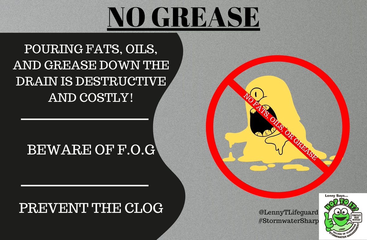 LennyTLifeguard's tweet image. Stormwater Fact Friday!
Never pour fats, oils, or grease down a garbage disposal, sink, toilet or storm drain, as it can lead to blockages and overflows. Instead, allow F.O.G. to cool and then scrape it into your household trash.
#StormwaterSharp #NoGrease