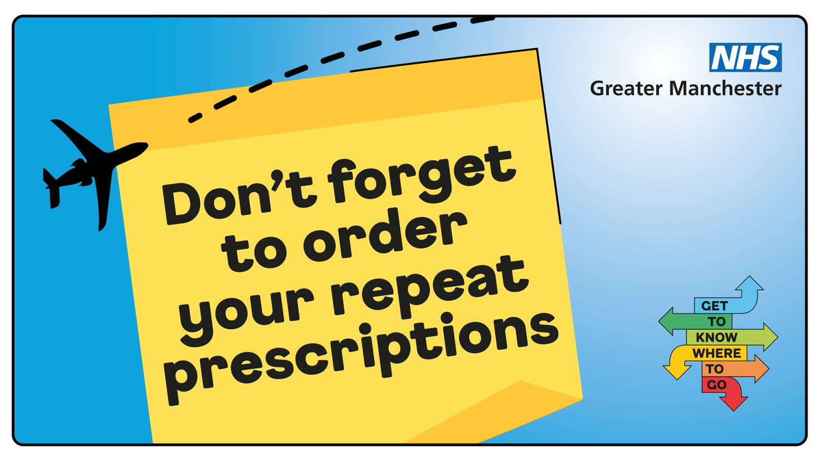 It’s holiday season!

If you or anyone in your family takes prescription medication, make sure you have enough to last the whole trip and put the request in 7 days before you leave.

Repeat prescriptions can be ordered quickly and easily online: nhs.uk/nhs-services/p…

#GTKWTG